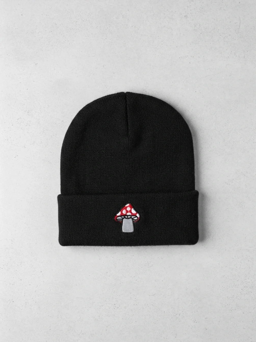 Black Beanie with Red Mushroom Embroidery